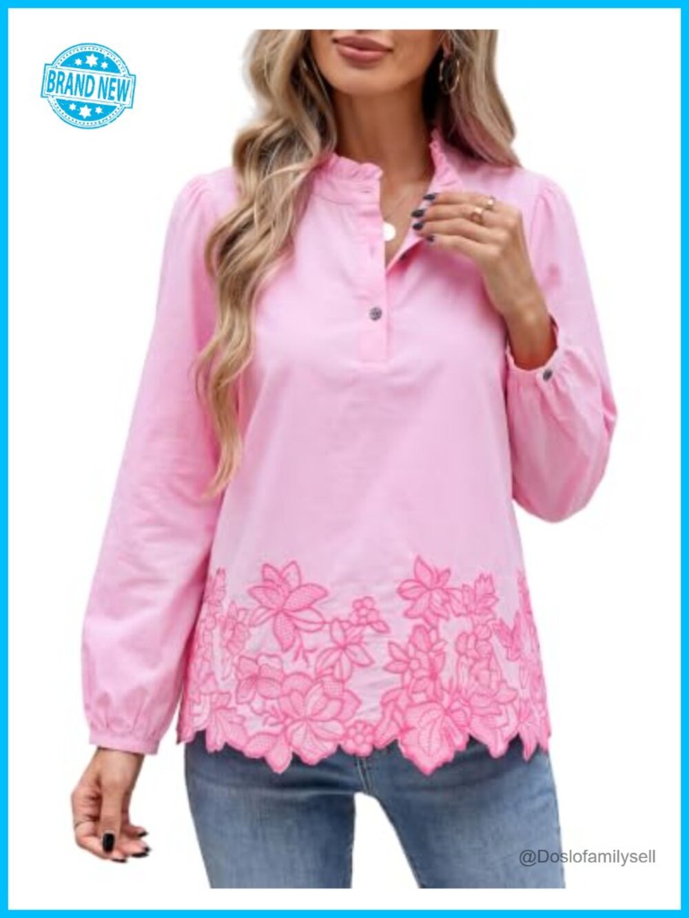 Embroidered Blouse Cotton Long Puff Sleeve Ruffle Stand Collar Button Front Top